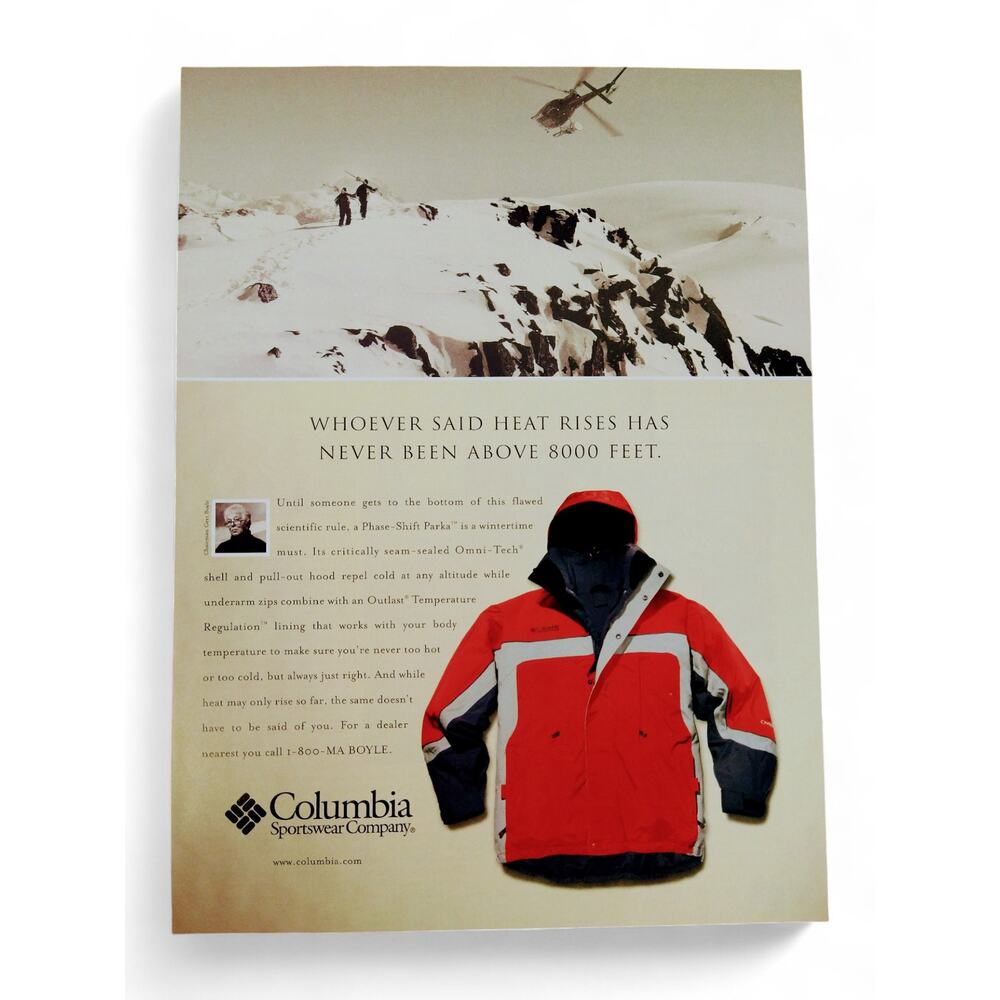 2001 Columbia Jacket Vintage Print Ad Mountain Top Snow Helicopter Scene y2k Era
